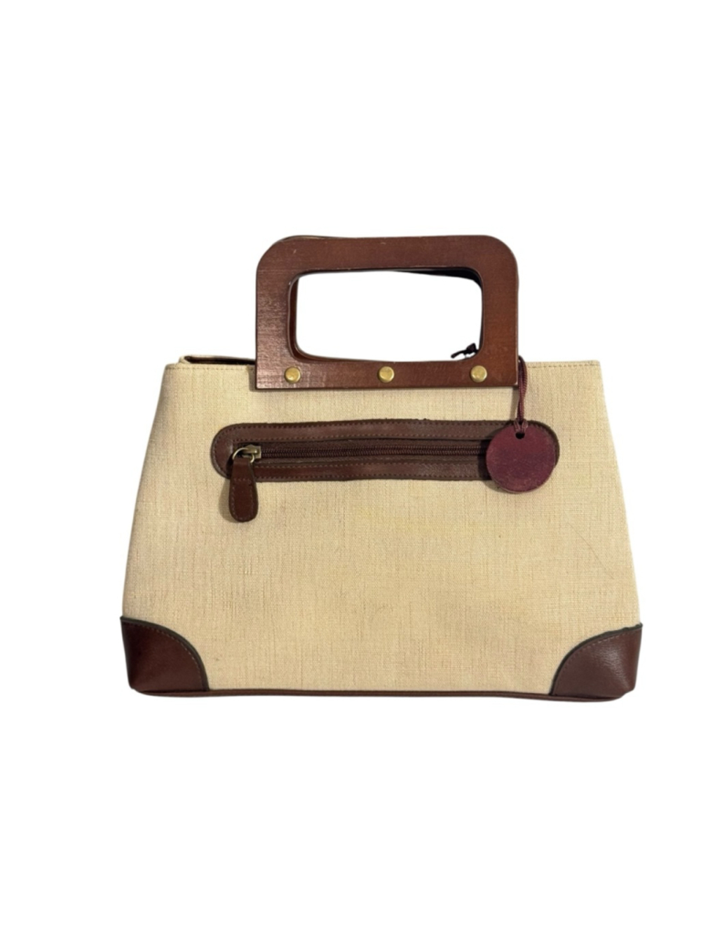 Beige Brown Canvas Tote HandBag wooden handle